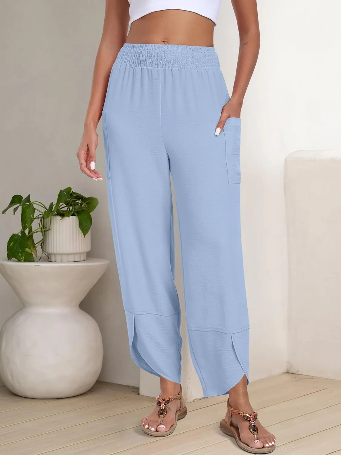ANRABESS Womens Wide Leg Palazzo Capri Pants 2025 Summer Casual Loose High Waisted Lounge Flowy Cropped Beach Work Trousers