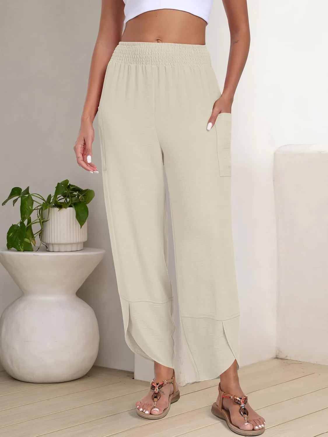 ANRABESS Womens Wide Leg Palazzo Capri Pants 2025 Summer Casual Loose High Waisted Lounge Flowy Cropped Beach Work Trousers