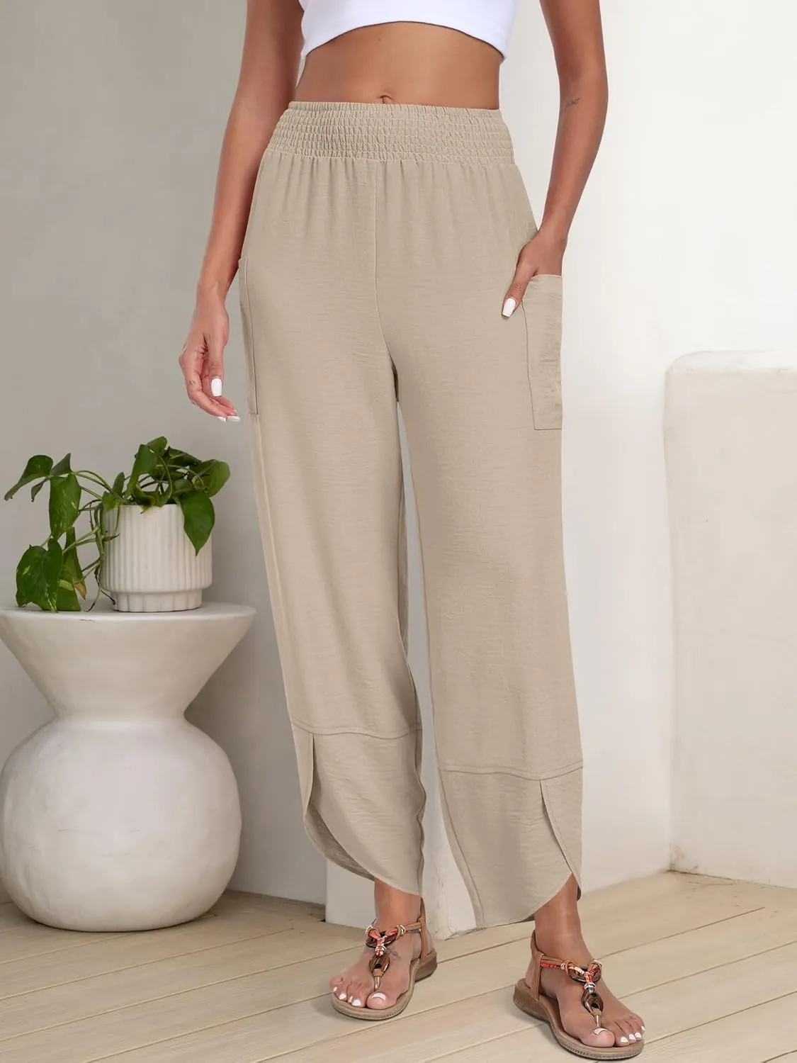 ANRABESS Womens Wide Leg Palazzo Capri Pants 2025 Summer Casual Loose High Waisted Lounge Flowy Cropped Beach Work Trousers