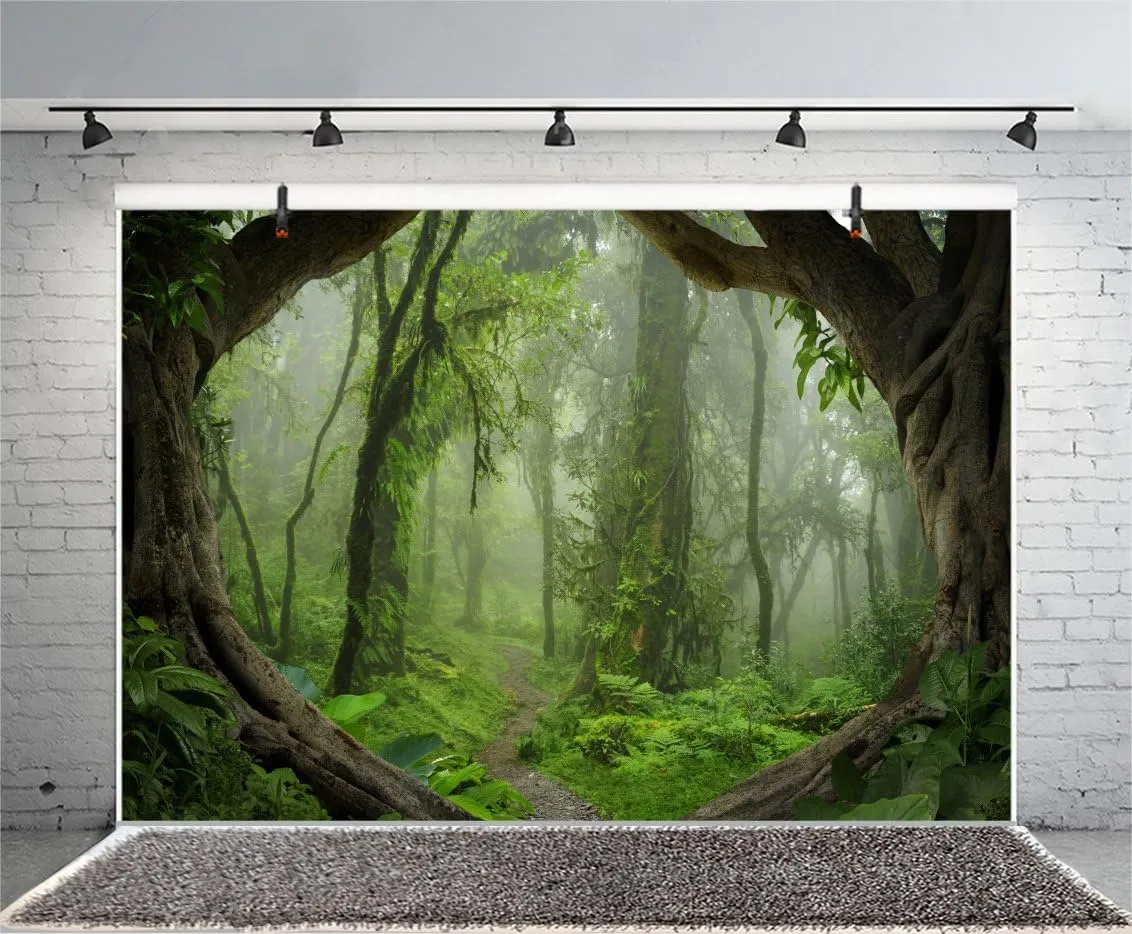 AOFOTO 6x4ft Forest Backdrop Tropical Jungle Rainforest Backdrops for Photography Fairytale Misty Deep Green Trees Pathway Background Suburbs Picnic Camping Boy Scouts Adventure Photo Studio Props