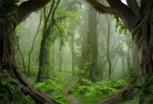 AOFOTO 6x4ft Forest Backdrop Tropical Jungle Rainforest Backdrops for Photography Fairytale Misty Deep Green Trees Pathway Background Suburbs Picnic Camping Boy Scouts Adventure Photo Studio Props