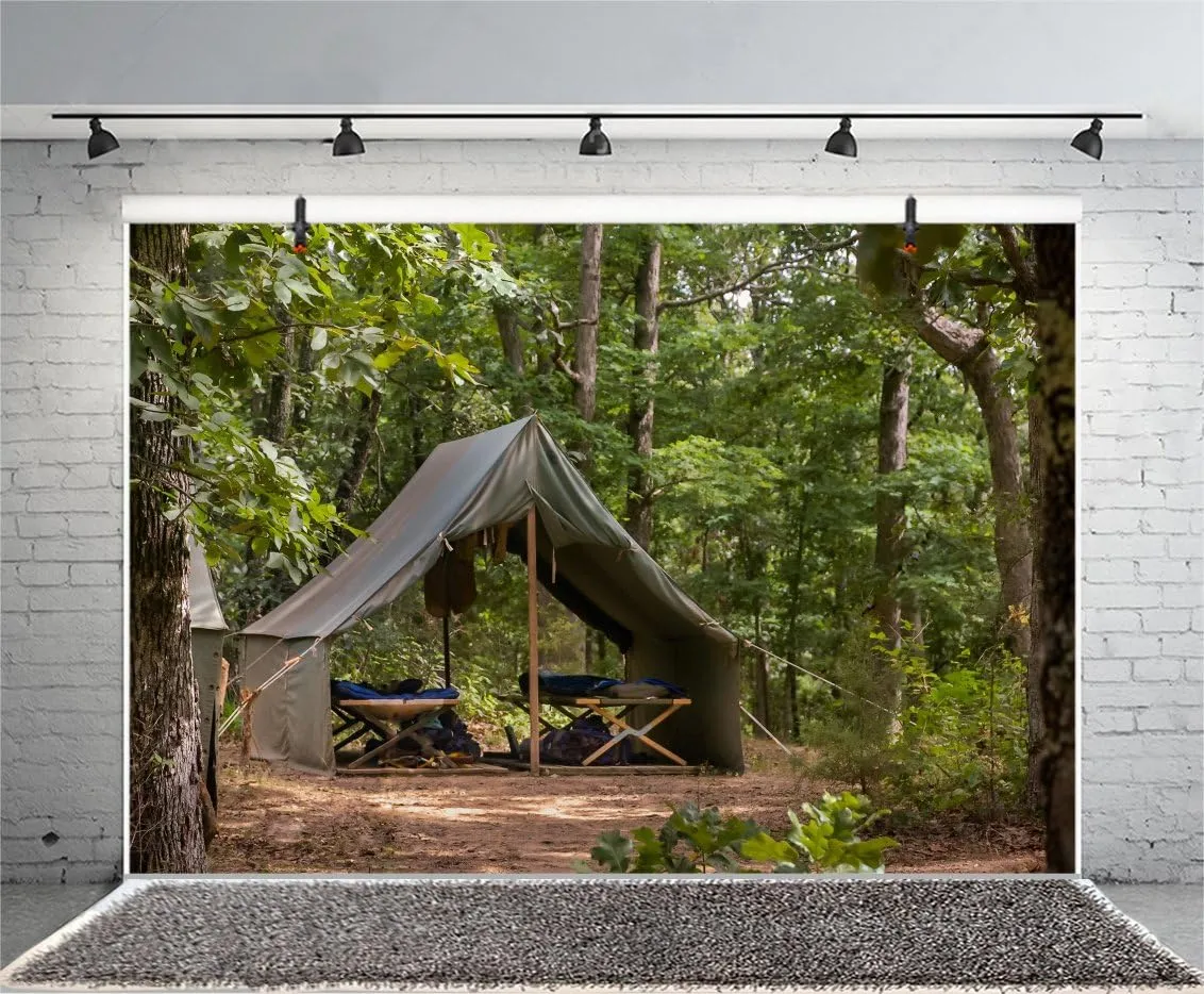 AOFOTO 7x5ft Scouts Forest Camping Backdrop Summer Camp Canvas Tent Photography Background Jungle Explore Hiking Woods Adventure Tree Plant Suburb Picnic Outdoor Campground Girl Boy Photo Studio Props