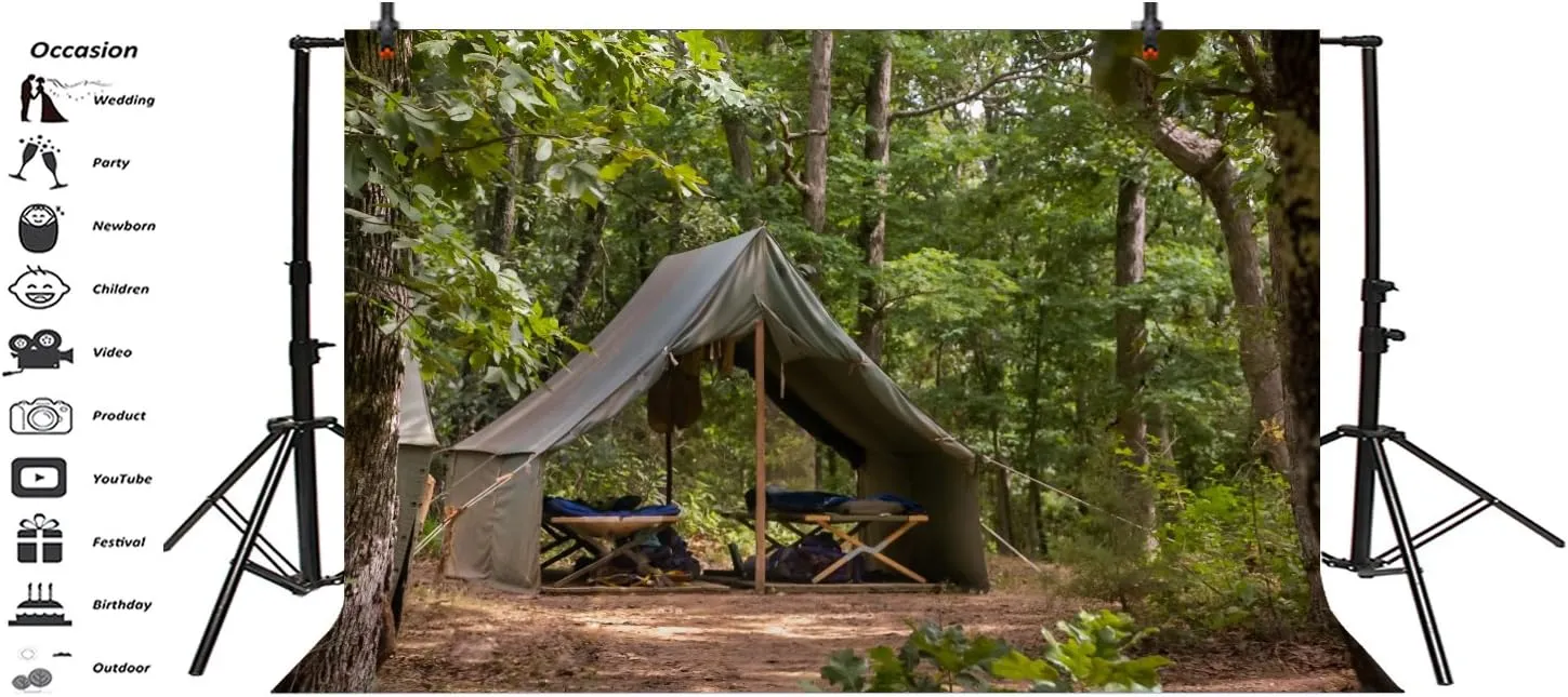 AOFOTO 7x5ft Scouts Forest Camping Backdrop Summer Camp Canvas Tent Photography Background Jungle Explore Hiking Woods Adventure Tree Plant Suburb Picnic Outdoor Campground Girl Boy Photo Studio Props