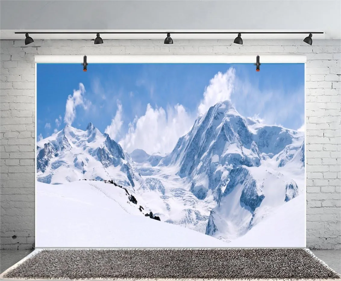 AOFOTO 8x6ft Snowy Mountain Range Backdrop Cold Winter Scenery Photography Background Blue Sky Snow-Covered Alpine Snow High Hill Peak Ski Nature Landscape Travel Photo Studio Props Vinyl Wallpaper