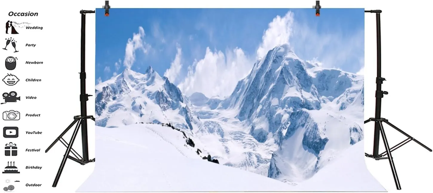 AOFOTO 8x6ft Snowy Mountain Range Backdrop Cold Winter Scenery Photography Background Blue Sky Snow-Covered Alpine Snow High Hill Peak Ski Nature Landscape Travel Photo Studio Props Vinyl Wallpaper