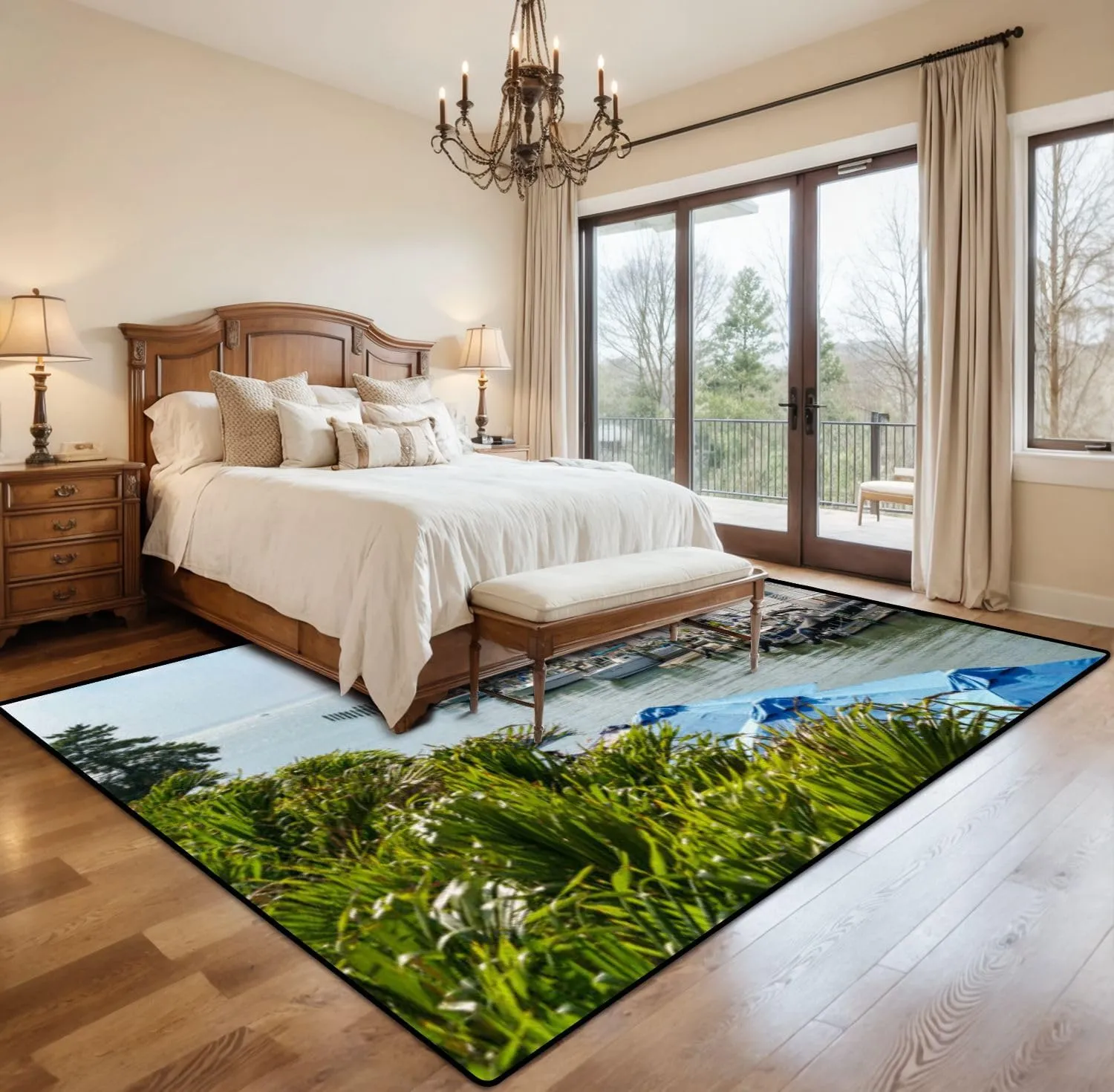 Area Rug Waterway Ocean City Lined Small Houses Boats Washable 8x10 feet Rugs Non Slip Outdoor Carpets Soft Mats for Bedroom Kitchen Living Room Home Decor