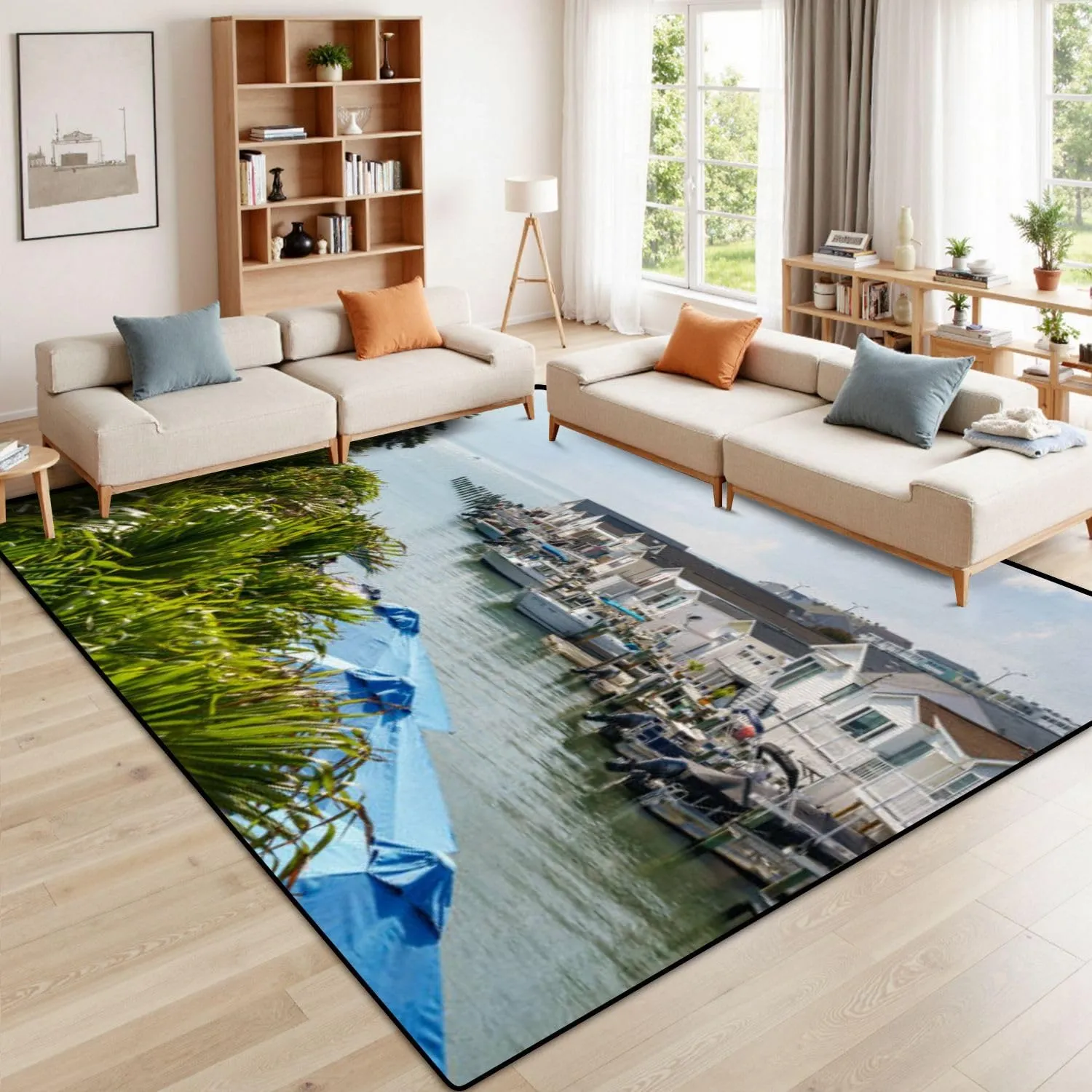 Area Rug Waterway Ocean City Lined Small Houses Boats Washable 8x10 feet Rugs Non Slip Outdoor Carpets Soft Mats for Bedroom Kitchen Living Room Home Decor