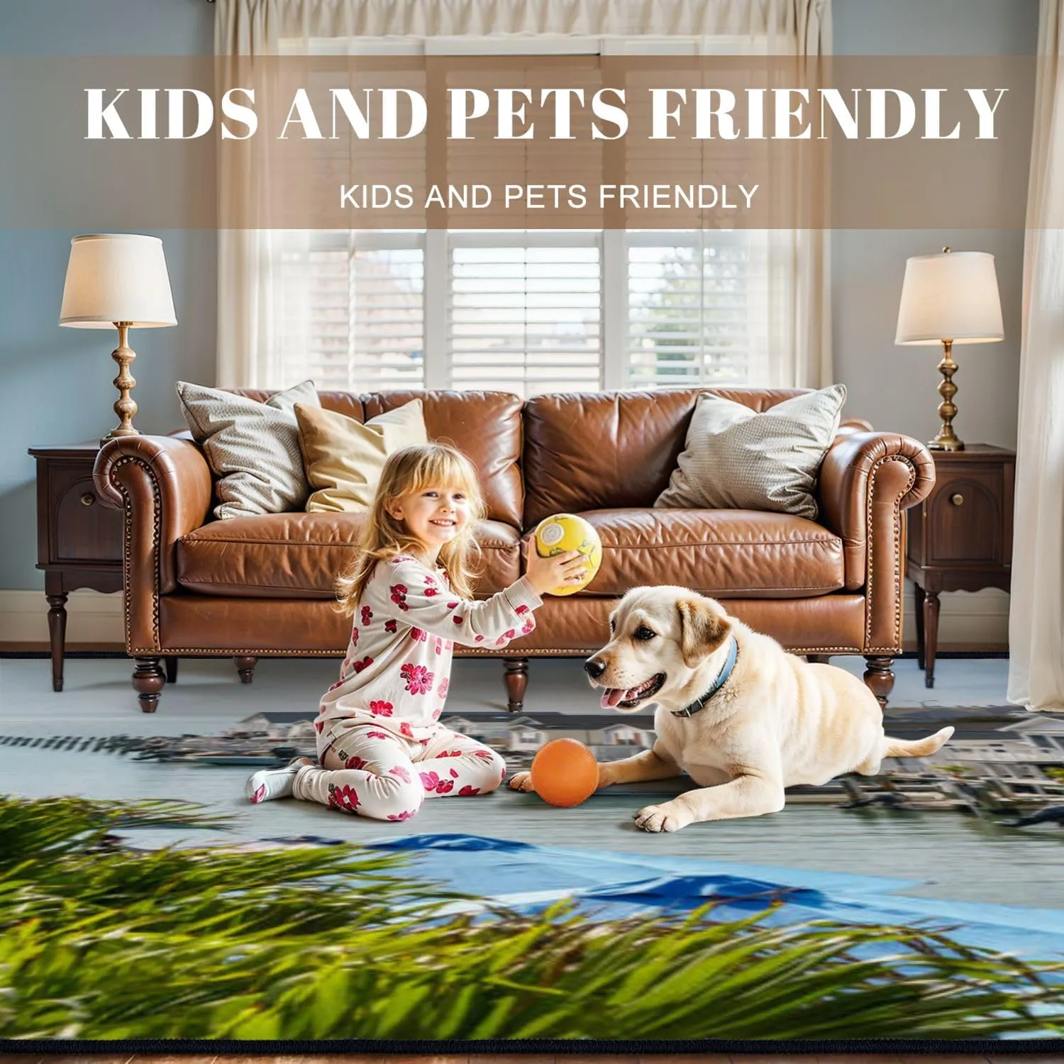 Area Rug Waterway Ocean City Lined Small Houses Boats Washable 8x10 feet Rugs Non Slip Outdoor Carpets Soft Mats for Bedroom Kitchen Living Room Home Decor