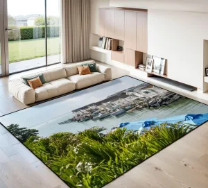 Area Rug Waterway Ocean City Lined Small Houses Boats Washable 8x10 feet Rugs Non Slip Outdoor Carpets Soft Mats for Bedroom Kitchen Living Room Home Decor