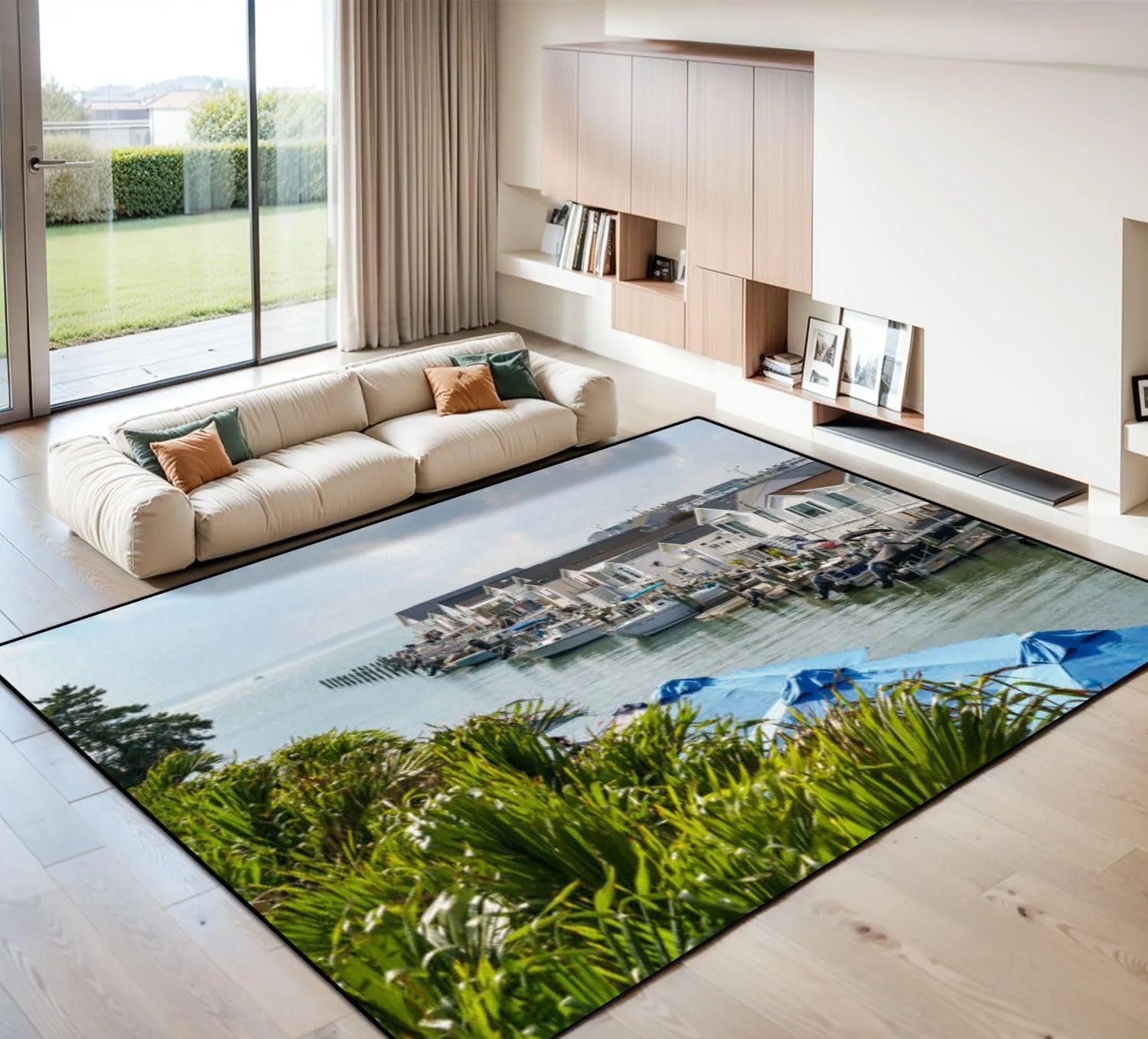 Area Rug Waterway Ocean City Lined Small Houses Boats Washable 8x10 feet Rugs Non Slip Outdoor Carpets Soft Mats for Bedroom Kitchen Living Room Home Decor