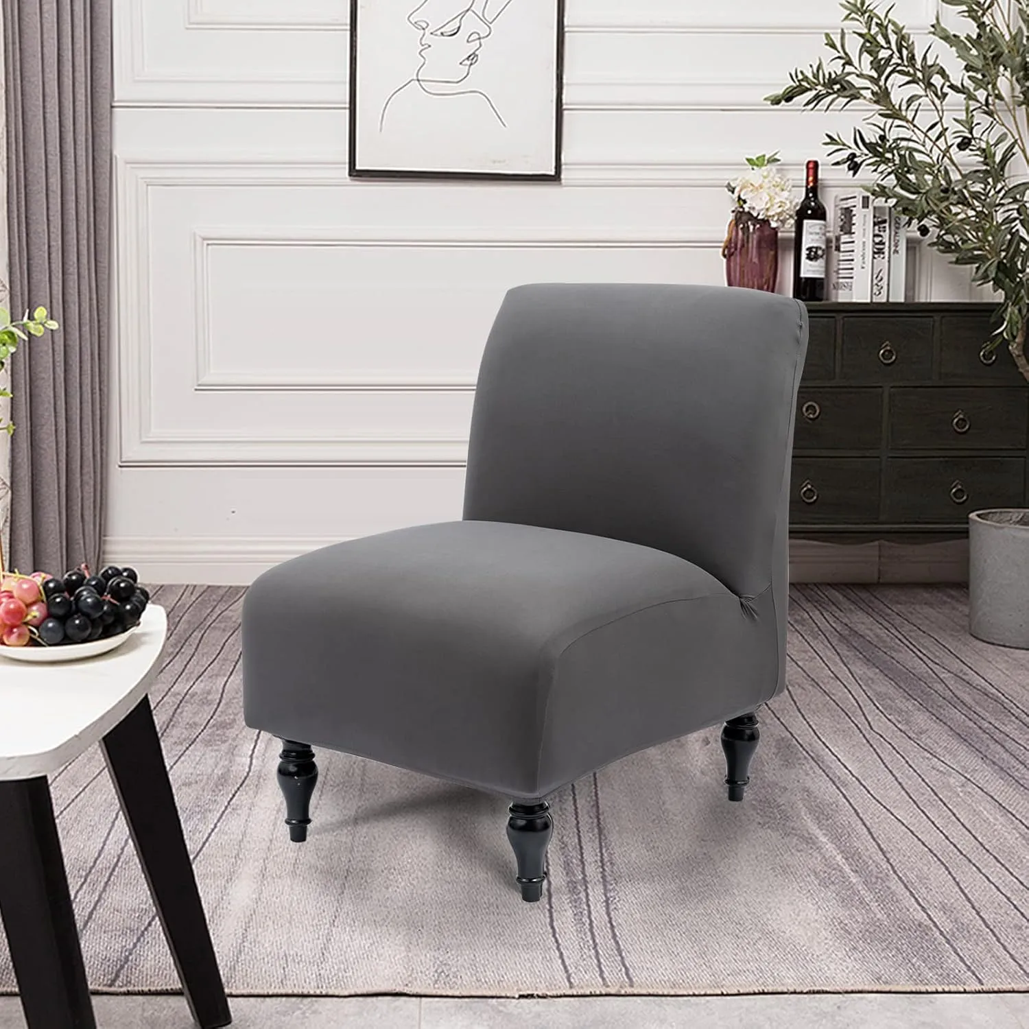 Armless Accent Slipper Chair Cover Slipcover,Stretch Spandex Removable Jacquard Non-Slip Silp Cover for Accent Chair Without Arms Furniture Protector for Living Dining Room(Dark Gray, 1)