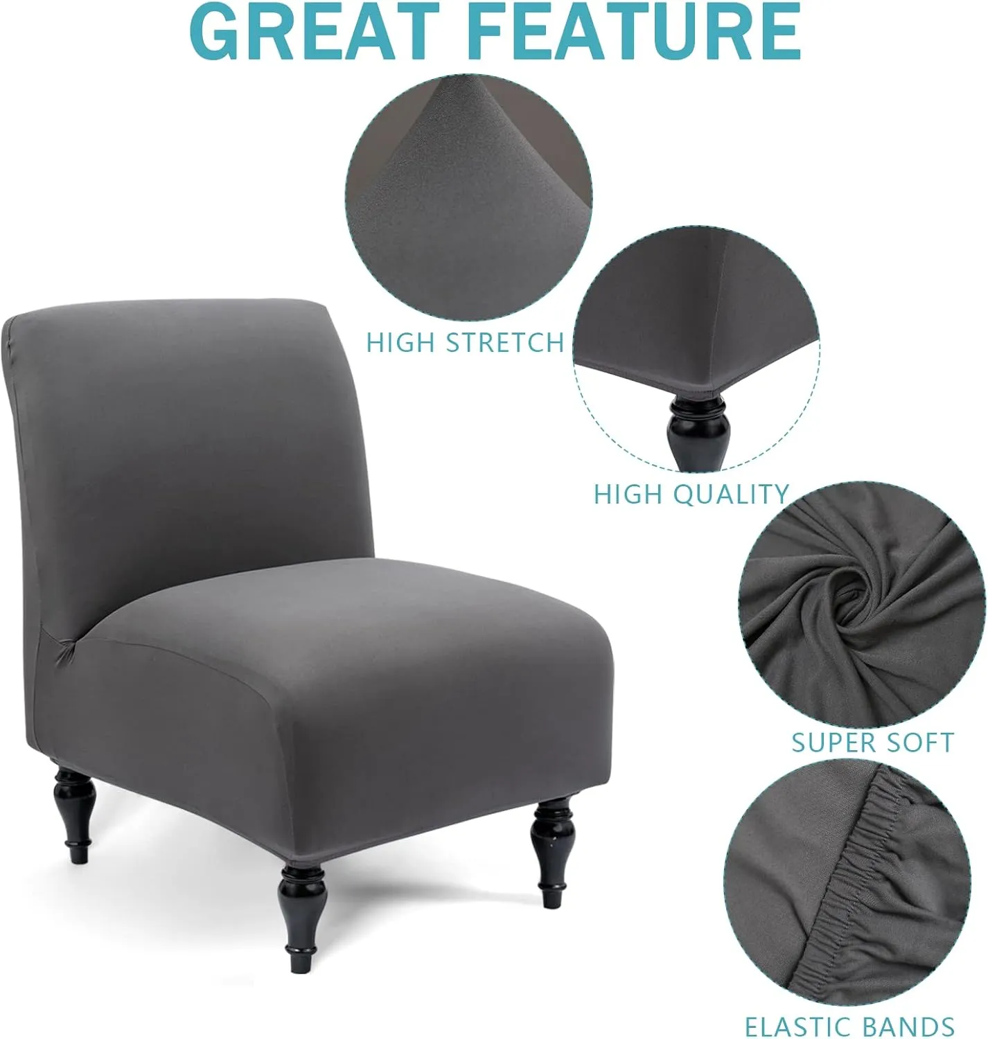 Armless Accent Slipper Chair Cover Slipcover,Stretch Spandex Removable Jacquard Non-Slip Silp Cover for Accent Chair Without Arms Furniture Protector for Living Dining Room(Dark Gray, 1)