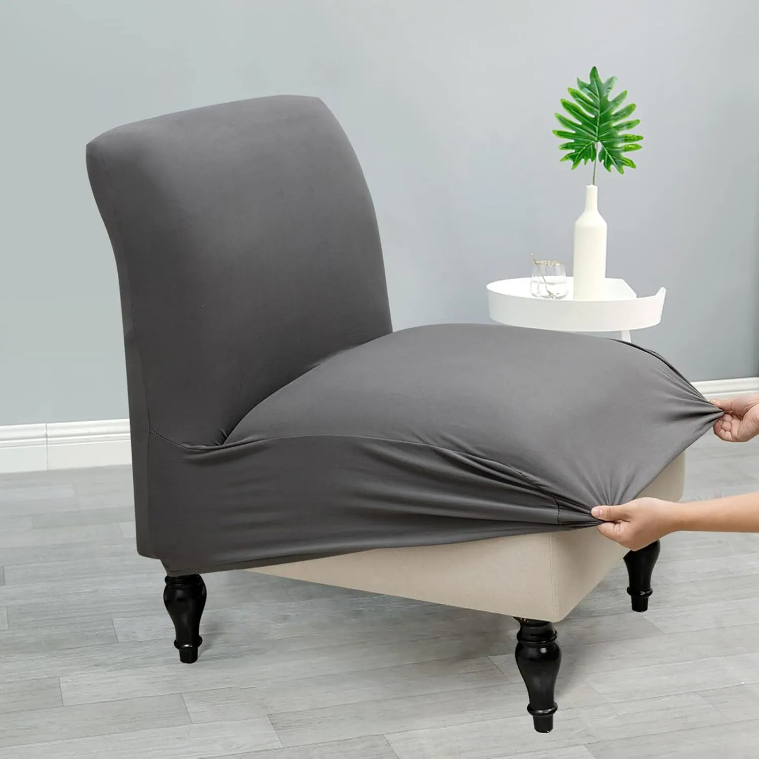 Armless Accent Slipper Chair Cover Slipcover,Stretch Spandex Removable Jacquard Non-Slip Silp Cover for Accent Chair Without Arms Furniture Protector for Living Dining Room(Dark Gray, 1)