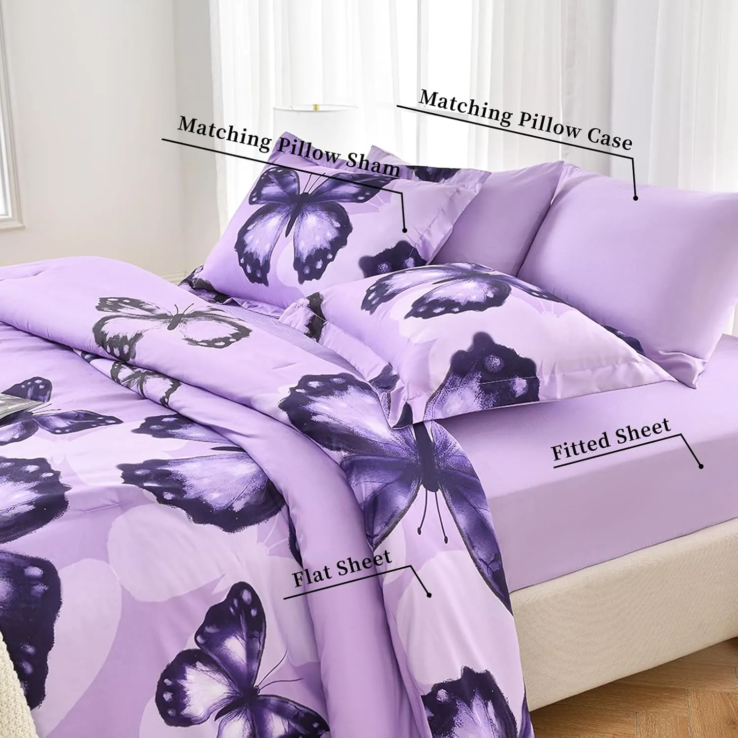 ARTALL Bed in A Bag Full/Queen Size 7 Pieces, Purple Big Butterfly Bedding Comforter Set All Season Bed Set with Comforter, Pillow Shams, Flat Sheet, Fitted Sheet, Pillowcases
