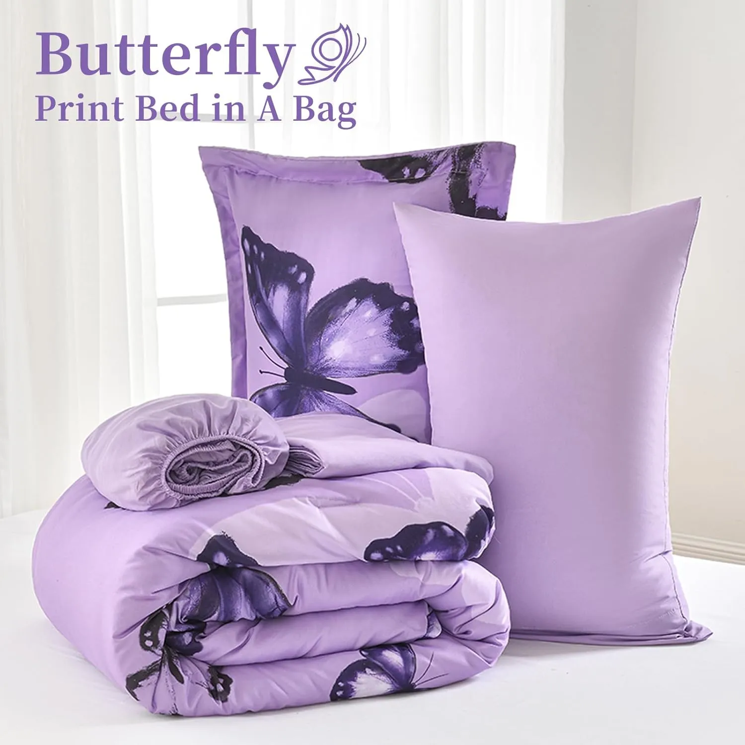 ARTALL Bed in A Bag Full/Queen Size 7 Pieces, Purple Big Butterfly Bedding Comforter Set All Season Bed Set with Comforter, Pillow Shams, Flat Sheet, Fitted Sheet, Pillowcases