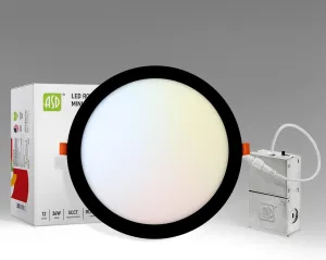 ASD 1 Pack 12 Inch LED Recessed Lighting, 5 CCT 2700K-5000K CRI90 , 24W 90W Eqv, Ultra Thin Dimmable Ceiling Lights with J Box, Canless Wafer Downlight, Round Slim Panel Light, UL Energy Star, Black