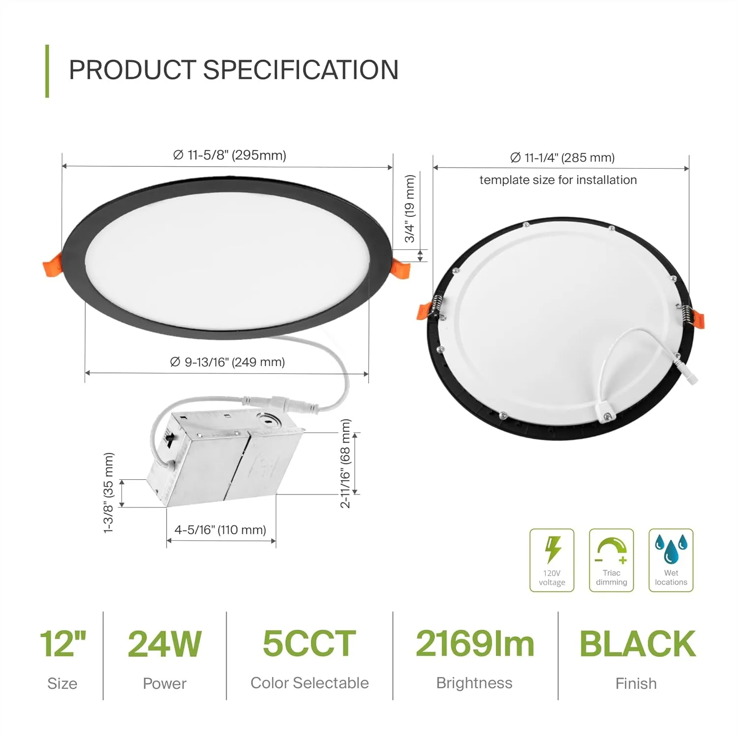 ASD 1 Pack 12 Inch LED Recessed Lighting, 5 CCT 2700K-5000K CRI90 , 24W 90W Eqv, Ultra Thin Dimmable Ceiling Lights with J Box, Canless Wafer Downlight, Round Slim Panel Light, UL Energy Star, Black