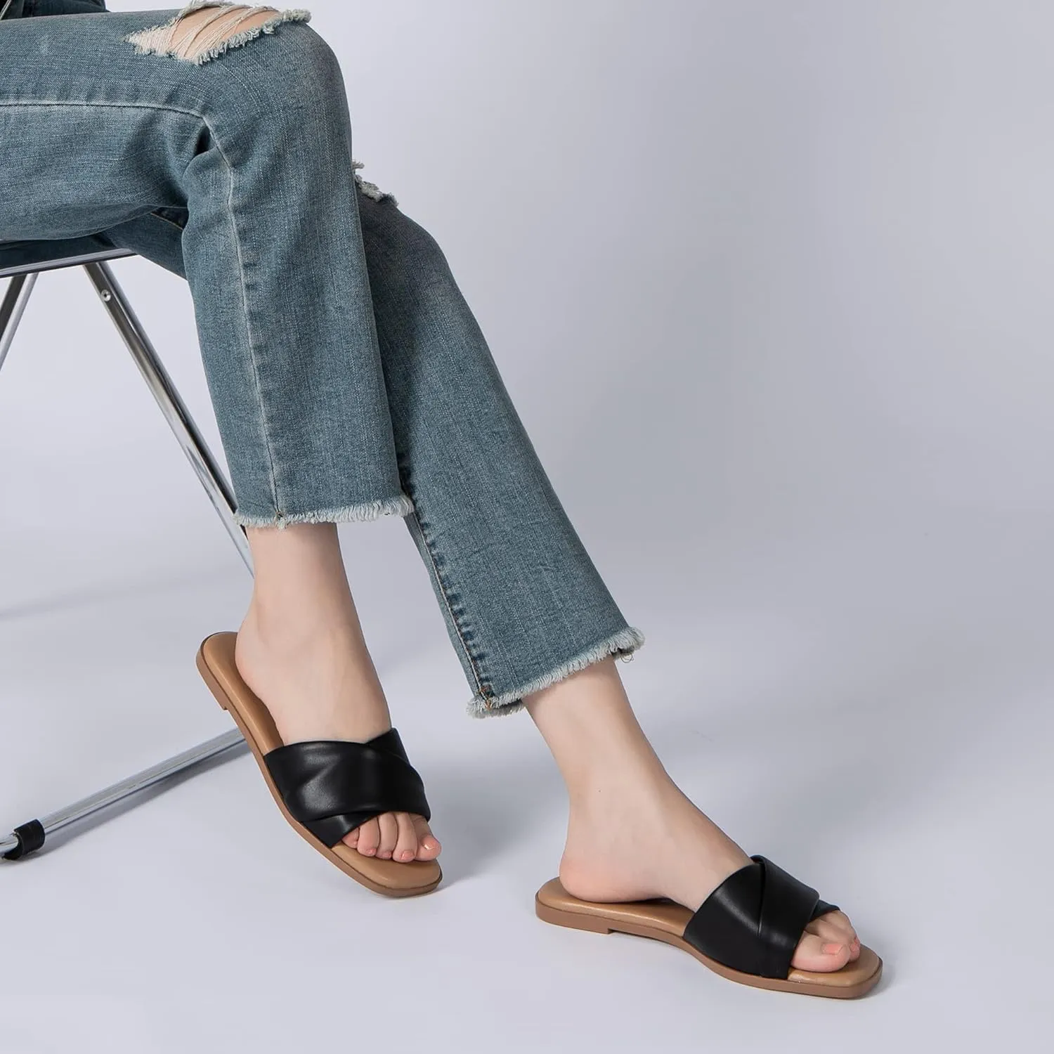Athlefit Women's Summer Flat Sandals Slip On Square Toe Soft Leather Slide Sandals