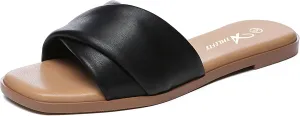 Athlefit Women's Summer Flat Sandals Slip On Square Toe Soft Leather Slide Sandals