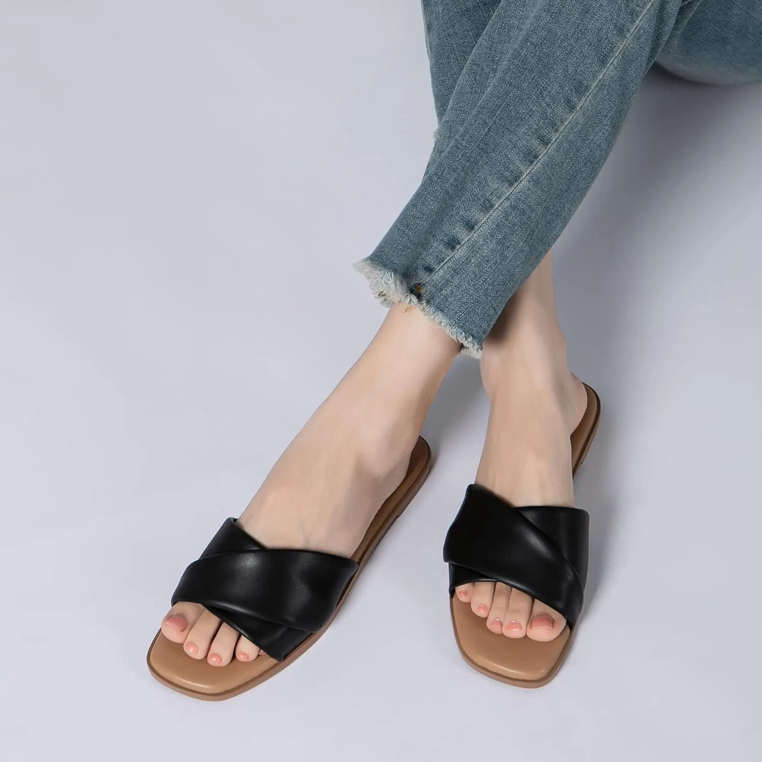 Athlefit Women's Summer Flat Sandals Slip On Square Toe Soft Leather Slide Sandals