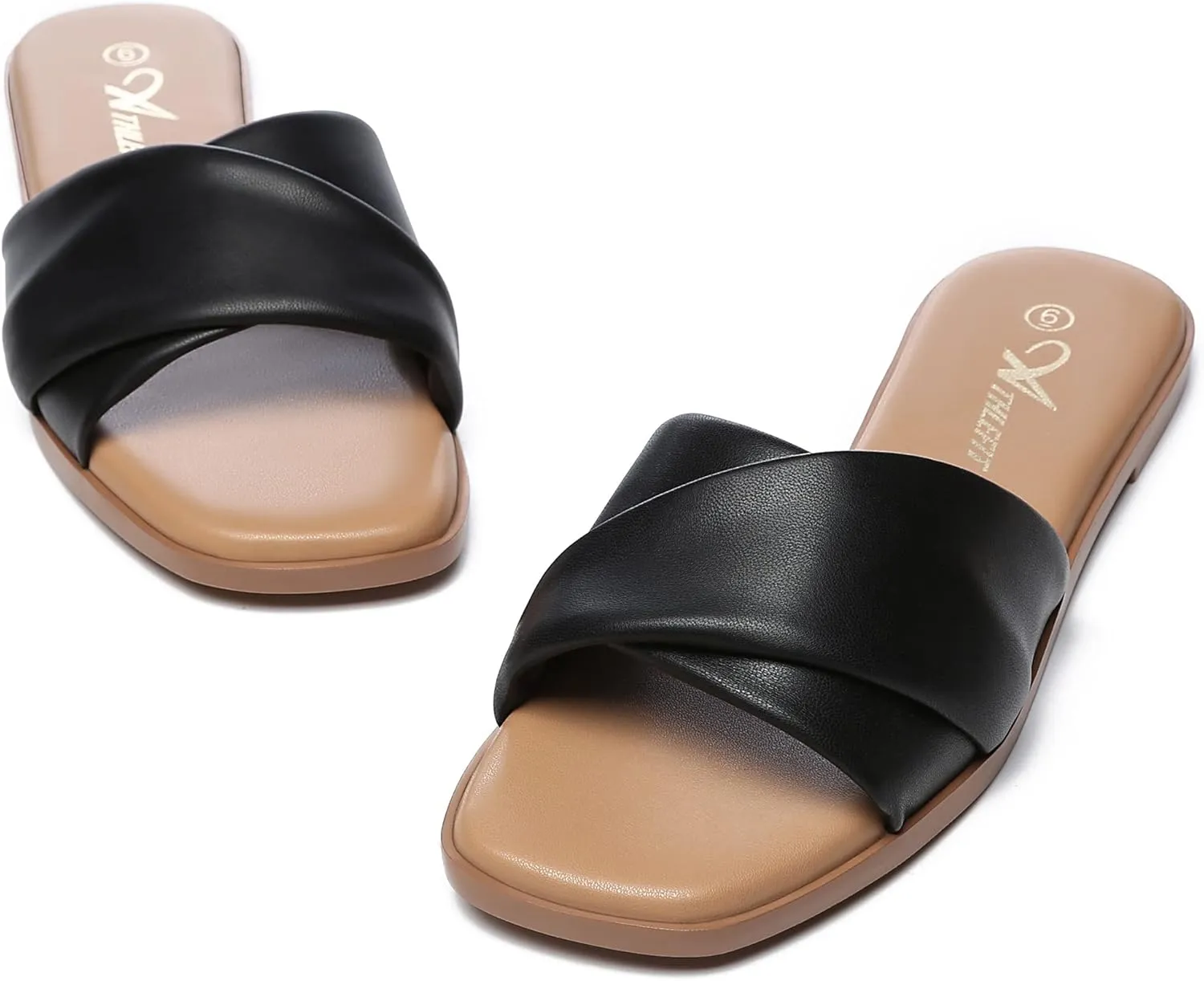 Athlefit Women's Summer Flat Sandals Slip On Square Toe Soft Leather Slide Sandals
