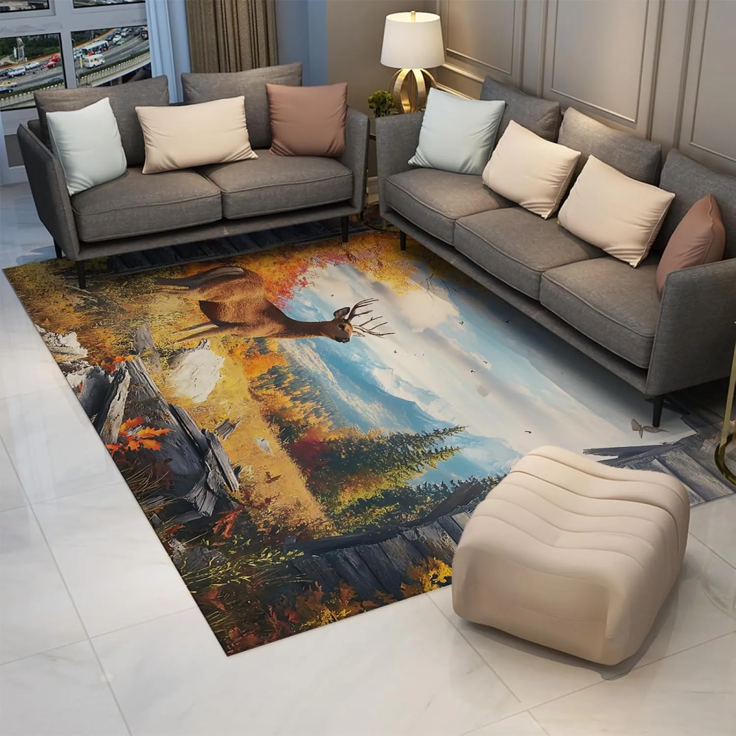 Autumn Nature Scene Area Rugs Mountains Forest Deer Print Indoor Thin Carpet for Living Room Bedroom Patio Floor Mat Washable 3'3"x5'3"