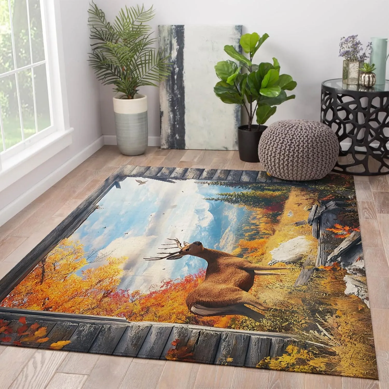 Autumn Nature Scene Area Rugs Mountains Forest Deer Print Indoor Thin Carpet for Living Room Bedroom Patio Floor Mat Washable 3'3"x5'3"