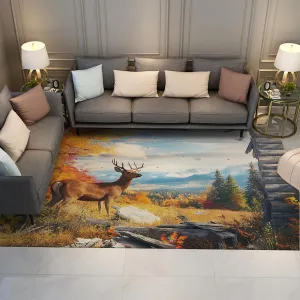 Autumn Nature Scene Area Rugs Mountains Forest Deer Print Indoor Thin Carpet for Living Room Bedroom Patio Floor Mat Washable 3'3"x5'3"