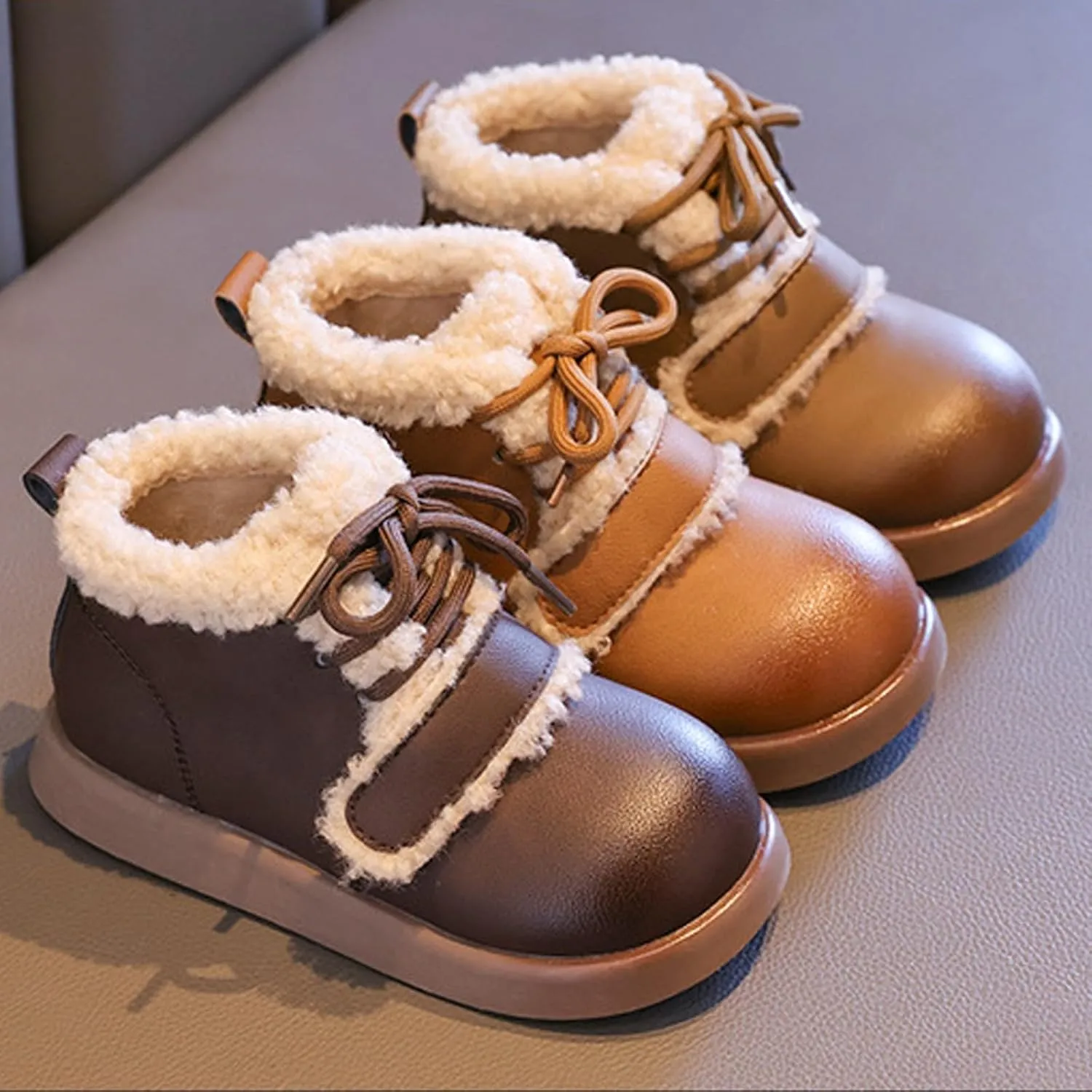 Baby Toddler Work Fleece Lined Boots Leather Lace-Up Soft Flat Ankle Snow Boots Kids Rubber Sole Slip Prewalker Boots