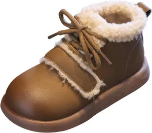 Baby Toddler Work Fleece Lined Boots Leather Lace-Up Soft Flat Ankle Snow Boots Kids Rubber Sole Slip Prewalker Boots