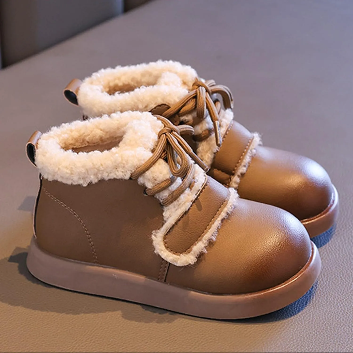 Baby Toddler Work Fleece Lined Boots Leather Lace-Up Soft Flat Ankle Snow Boots Kids Rubber Sole Slip Prewalker Boots