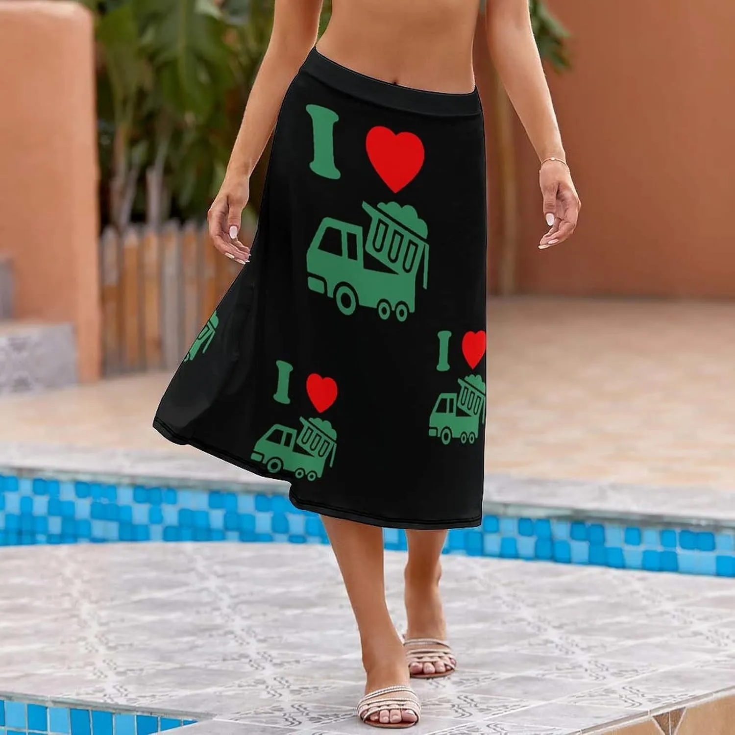 BAIKUTOUAN I Heart Love Trash Garbage Trucks Beach Skirt Midi for Women Summer Print