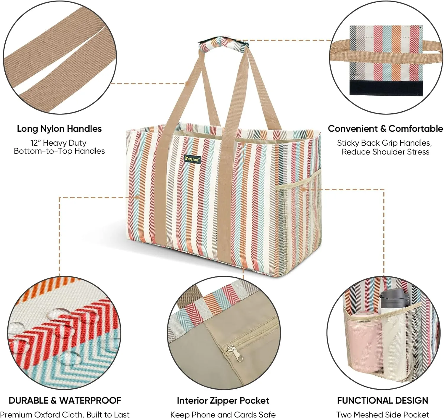 BALEINE Soft 9 Gallon Extra Large Utility Tote, Foldable Reusable Storage Bag (Color Stripe)