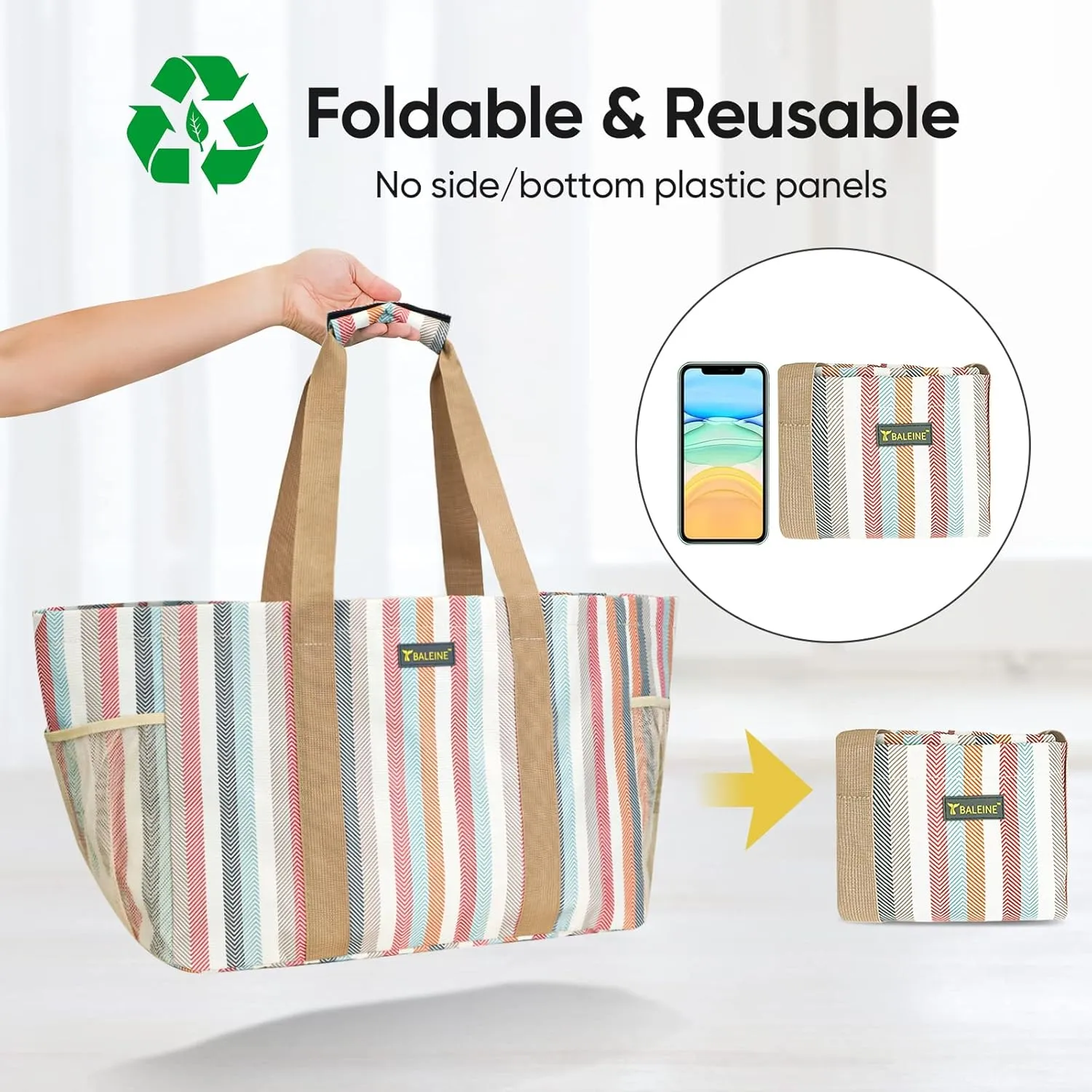 BALEINE Soft 9 Gallon Extra Large Utility Tote, Foldable Reusable Storage Bag (Color Stripe)