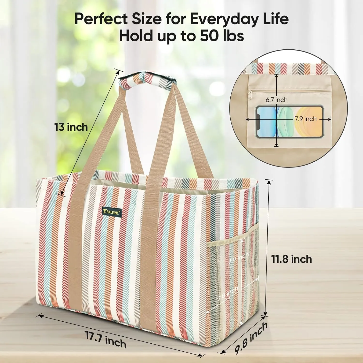BALEINE Soft 9 Gallon Extra Large Utility Tote, Foldable Reusable Storage Bag (Color Stripe)