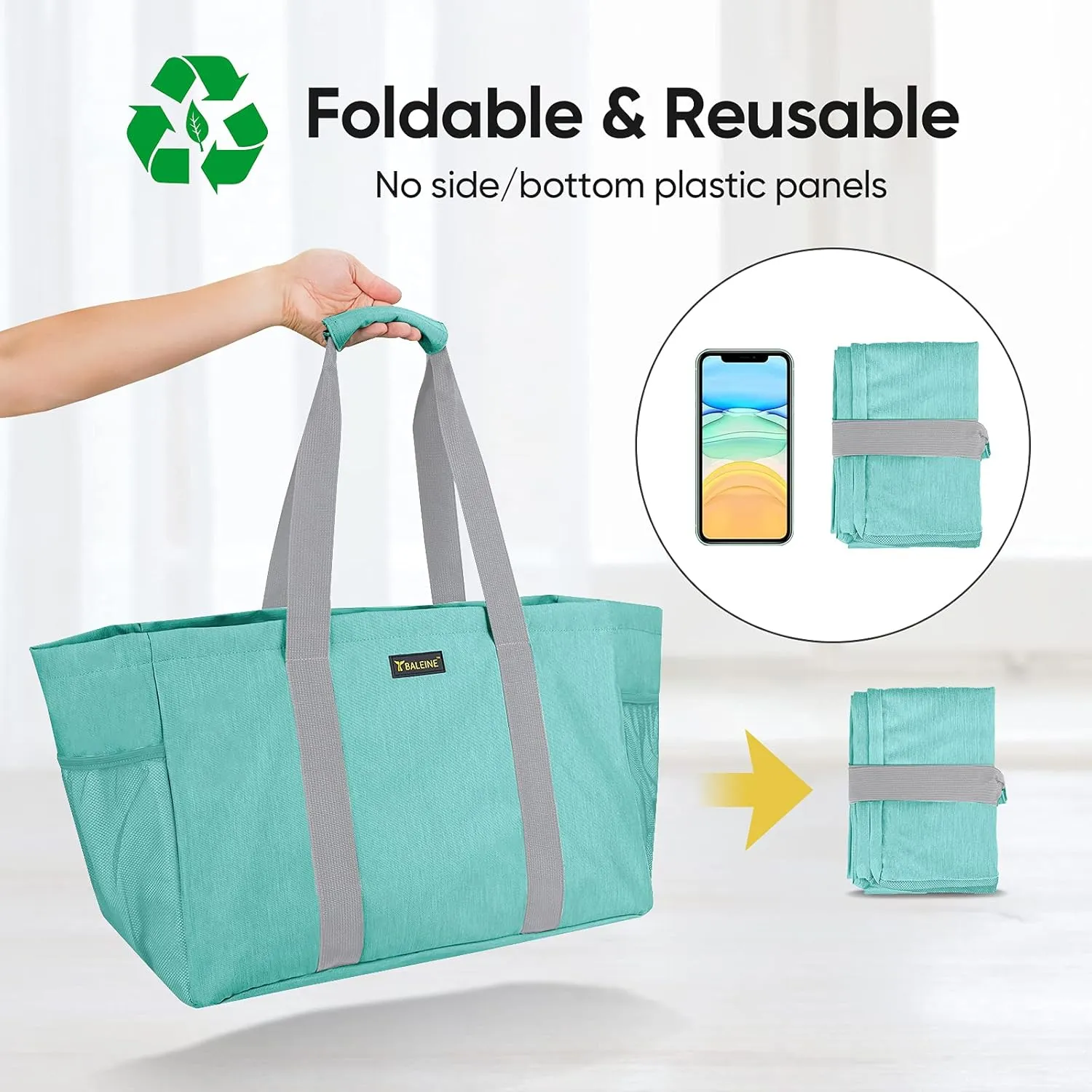 BALEINE Soft 9 Gallon Extra Large Utility Tote, Foldable Reusable Storage Bag (Sea Green)