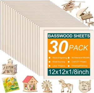 Basswood Sheets 12 x 12 x 1/8 Inch, 30 Pack Plywood Sheets Thin Unfinished Craft Wood Board, 3mm Basswood for Laser Cutting, Engraving, Wood Burning, DIY Architectural Models, Painting Drawing