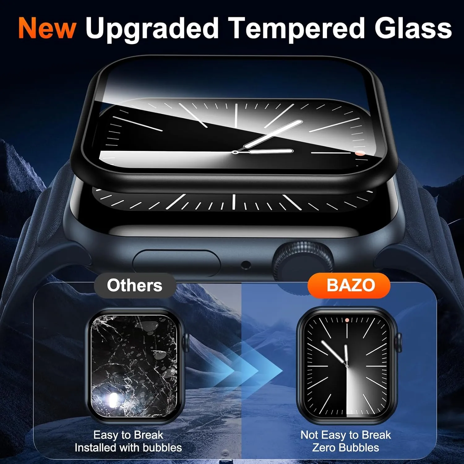 BAZO 2 Pack for Apple Watch Screen Protector 45mm Series 9/8/7, Upgrade Tempered Glass Edge Full Coverage [Double Durability] Bubble Free Easy Installation for iWatch 45mm Accessories-Black
