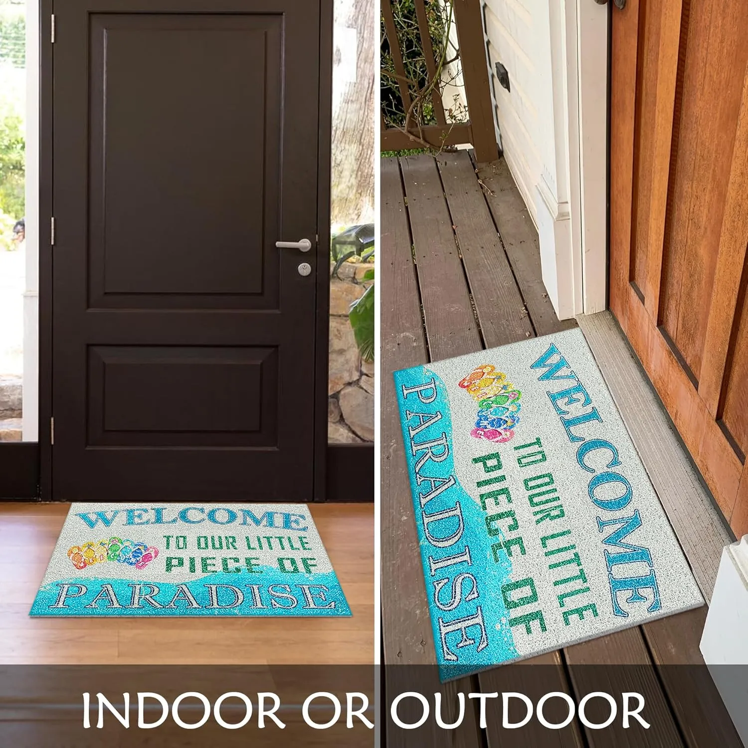 Beach Slipper Door Mat, Coastal Beach Welcome Mat, Beach Room Decor, Nautical Door Mat, Beach House Decor, Welcome to Our Little Piece of Paradise 17x30 Inches