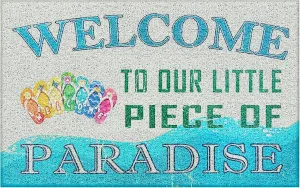 Beach Slipper Door Mat, Coastal Beach Welcome Mat, Beach Room Decor, Nautical Door Mat, Beach House Decor, Welcome to Our Little Piece of Paradise 17x30 Inches