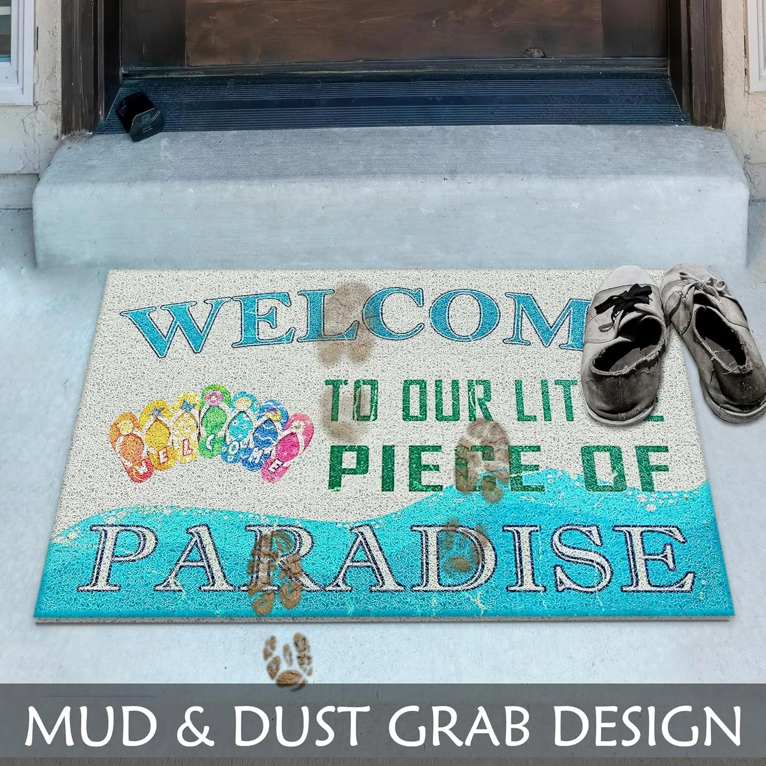 Beach Slipper Door Mat, Coastal Beach Welcome Mat, Beach Room Decor, Nautical Door Mat, Beach House Decor, Welcome to Our Little Piece of Paradise 17x30 Inches