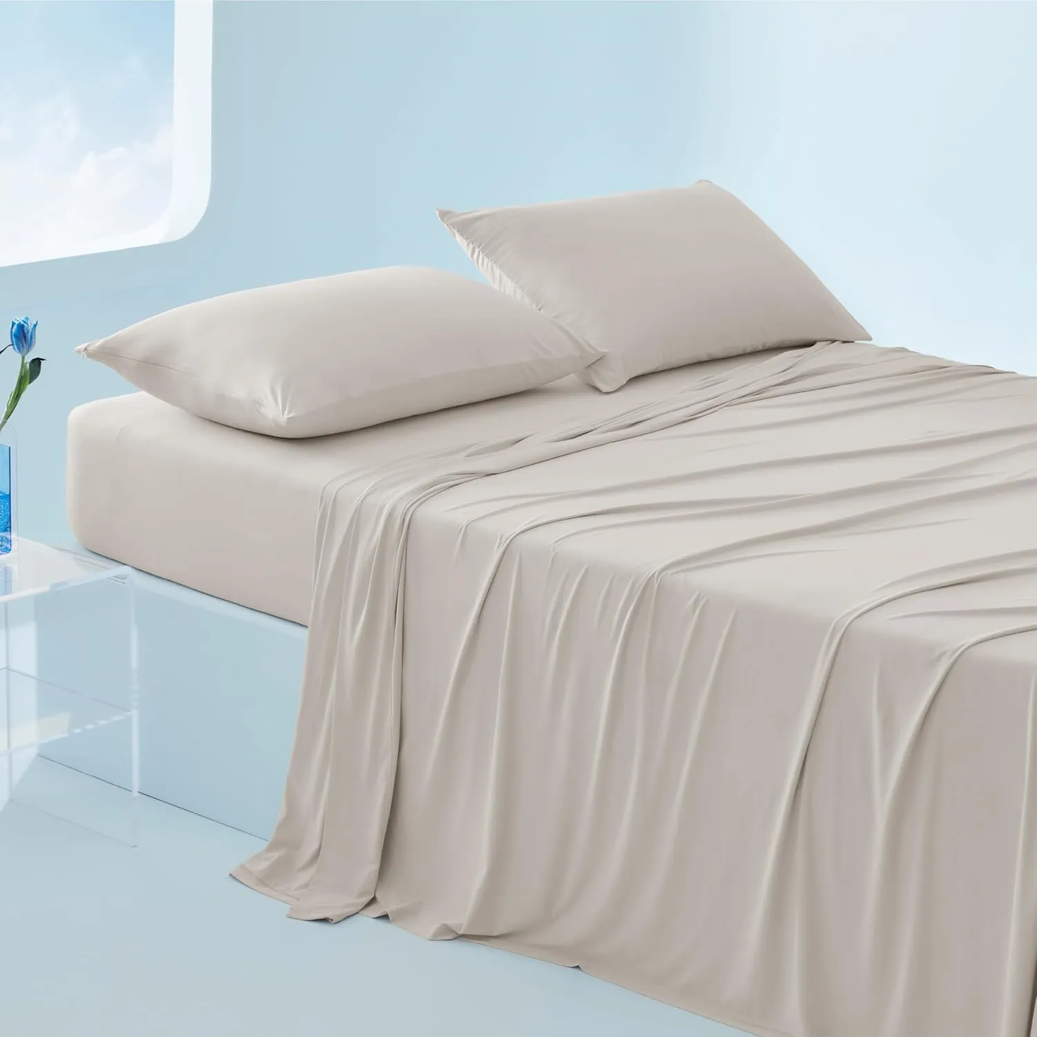 Bedsure Cooling Sheets King Size, Cooling Bed Sheets for Hot Sleepers, Chill Cool Sheet, Deep Pocket Up to 18 Inches, Soft & Breathable King Size Sheets Set, 4 Pieces, Beige