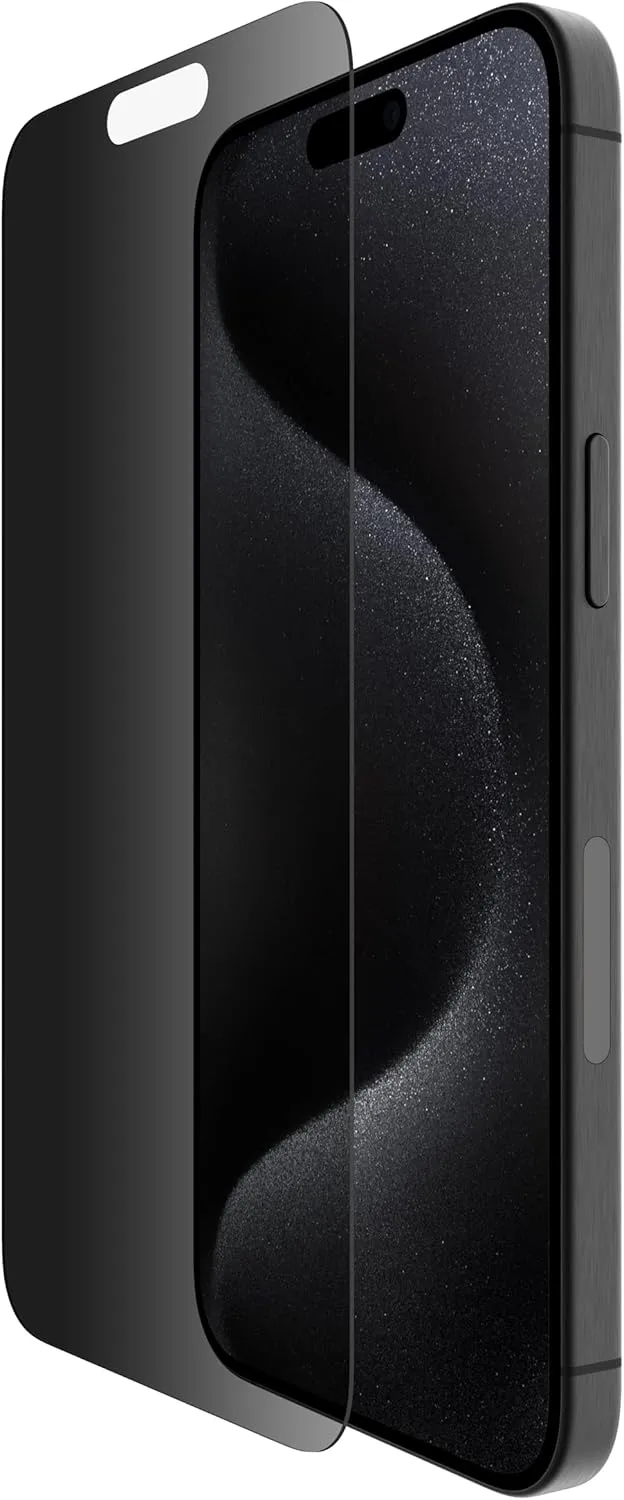 Belkin ScreenForce TemperedGlass Treated Privacy Screen Protector for iPhone 15 Pro Max - Slim & Scratch-Resistant - Includes Easy Align Tray for Bubble Free Application