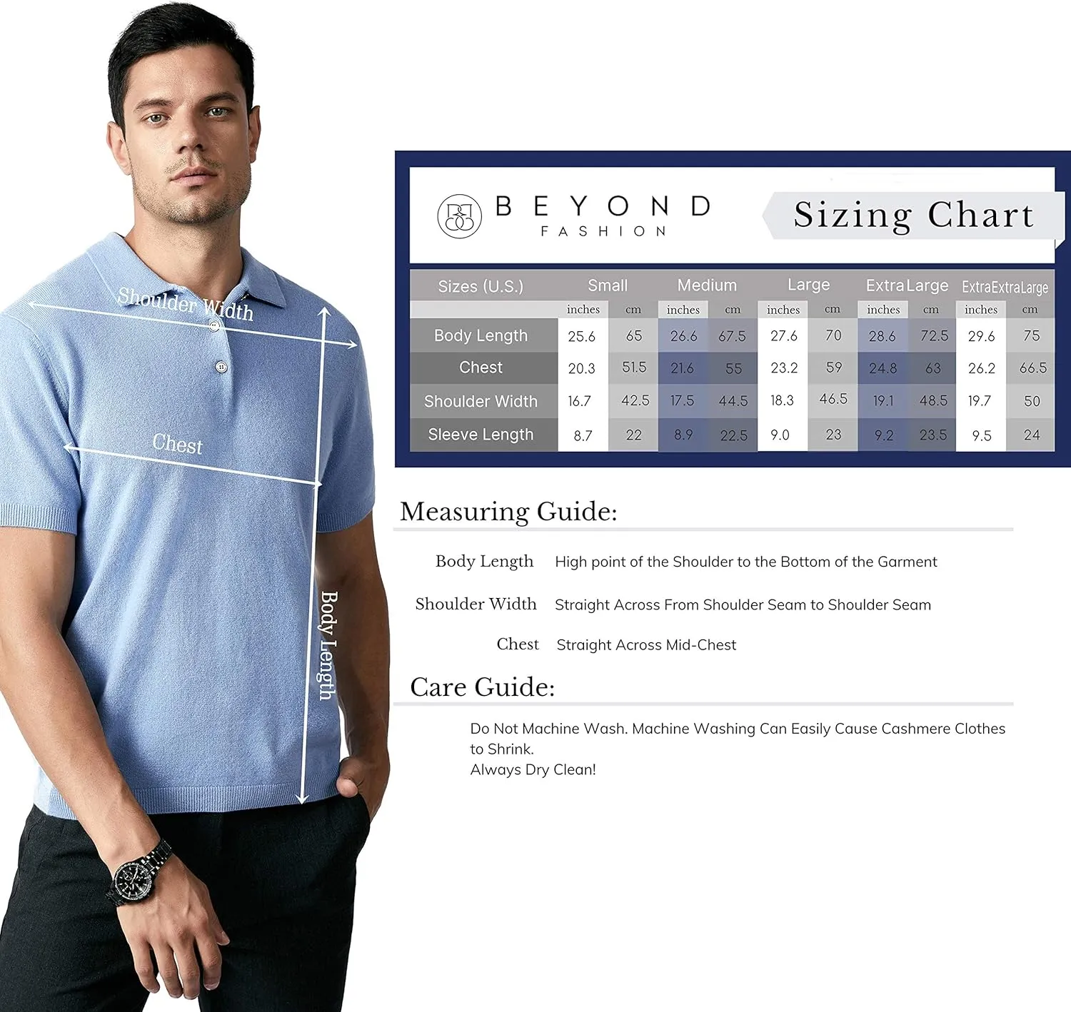 BEYOND FASHION Men's Polo Shirt Short Sleeve Soft Light Weight - 100% Pure Cashmere