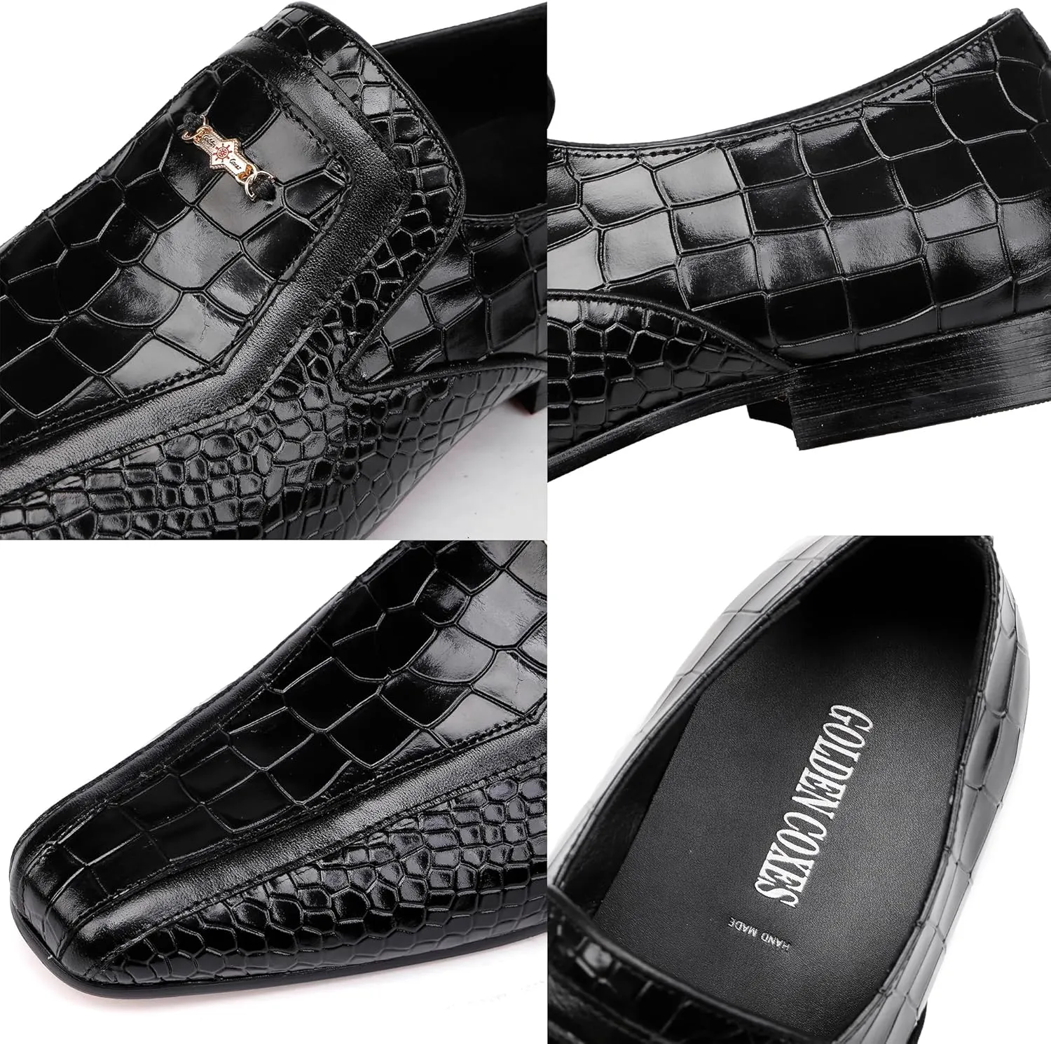 Black Formal Leather Dress Loafer for Mens, Premium Alligator Printed Dress Shoes with Buckle Business Wedding Penny Loafer Shoes