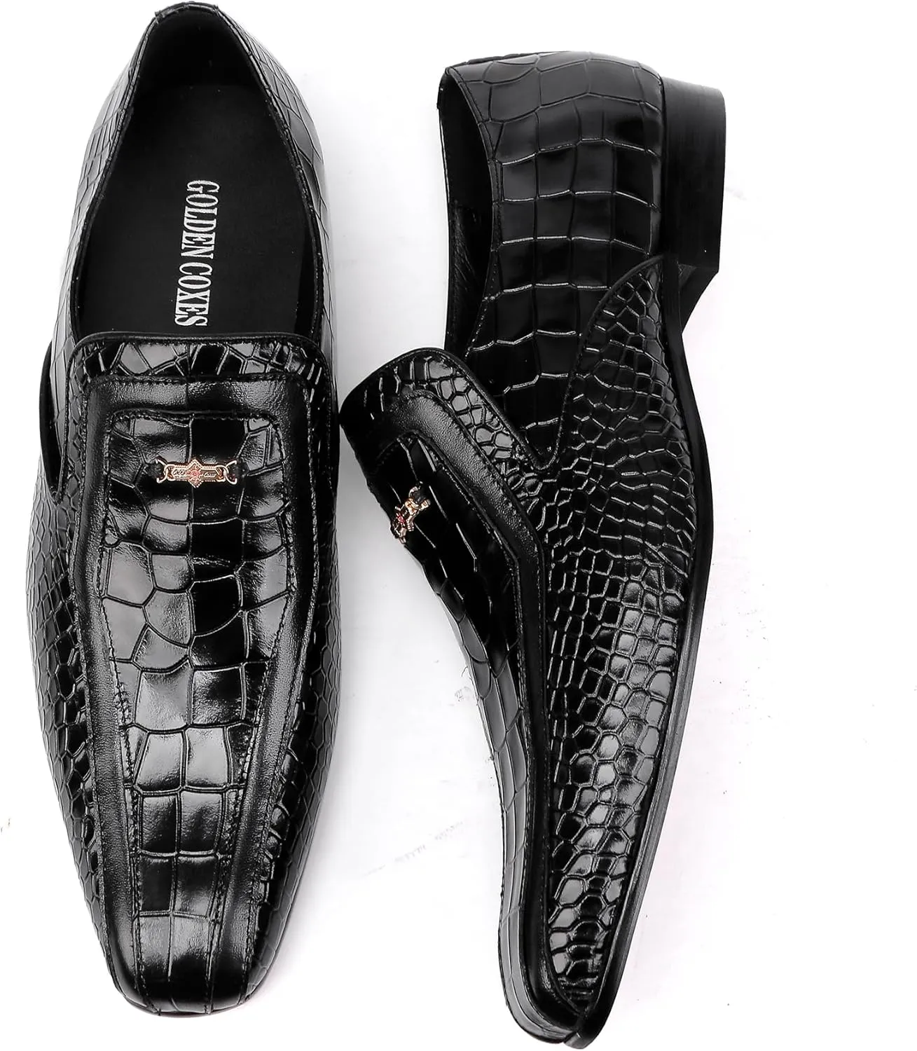 Black Formal Leather Dress Loafer for Mens, Premium Alligator Printed Dress Shoes with Buckle Business Wedding Penny Loafer Shoes