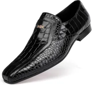 Black Formal Leather Dress Loafer for Mens, Premium Alligator Printed Dress Shoes with Buckle Business Wedding Penny Loafer Shoes