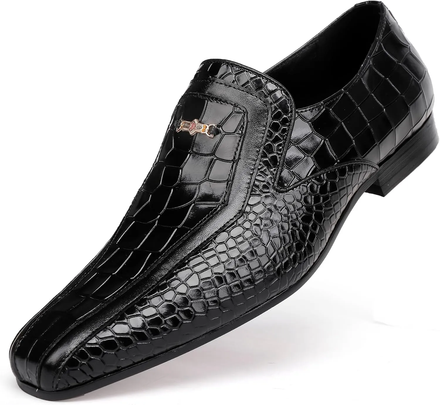 Black Formal Leather Dress Loafer for Mens, Premium Alligator Printed Dress Shoes with Buckle Business Wedding Penny Loafer Shoes