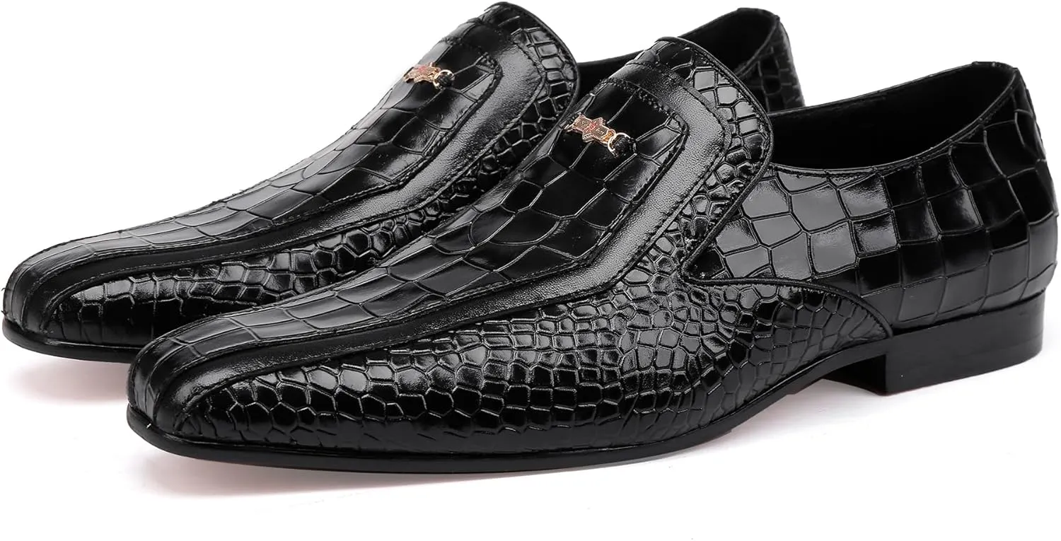Black Formal Leather Dress Loafer for Mens, Premium Alligator Printed Dress Shoes with Buckle Business Wedding Penny Loafer Shoes