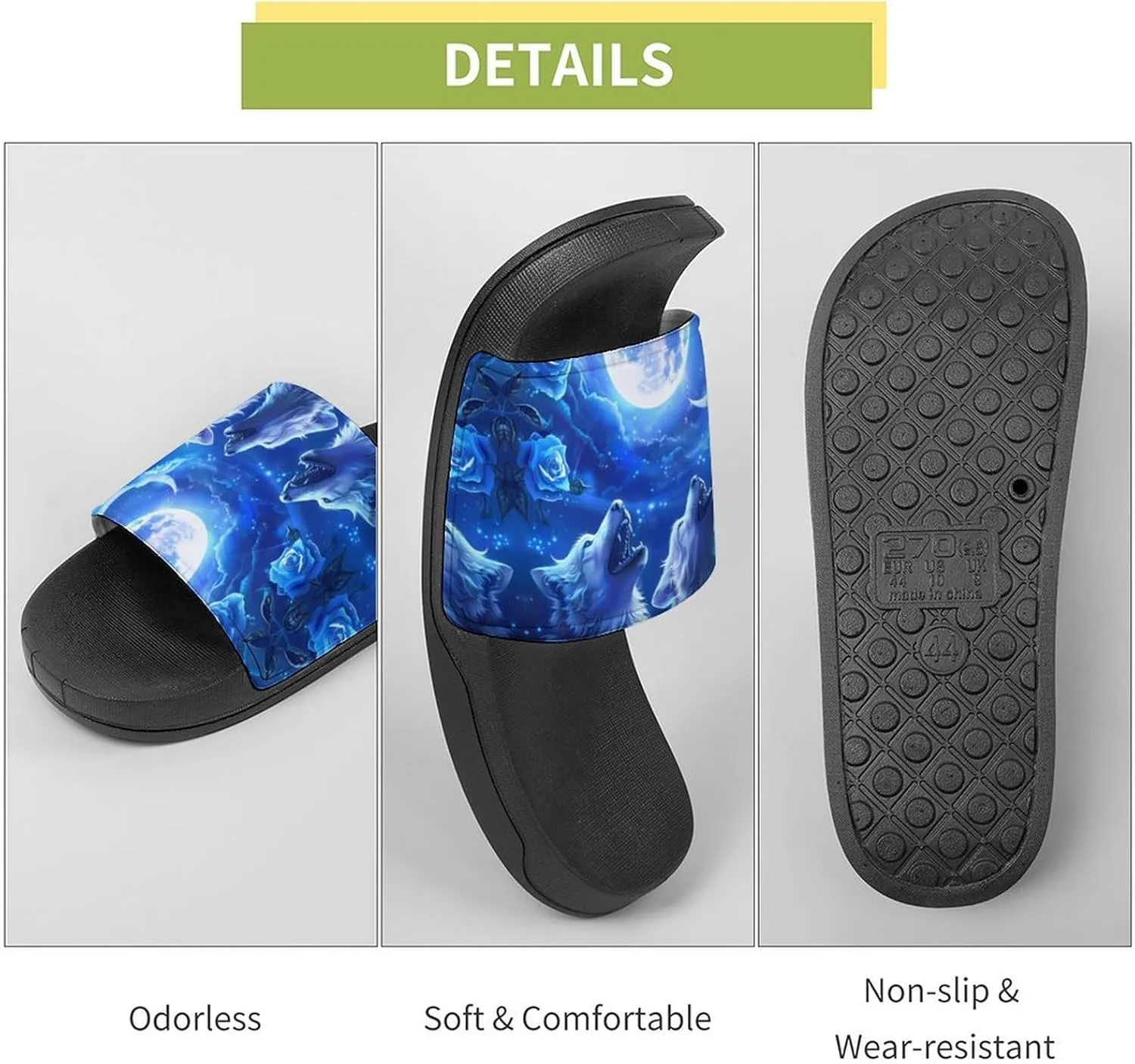 Blue Flower Rose Howling Wolf PVC Home Slippers Non-Slip Shower Shoes Casual Bathroom Slippers for Women Men